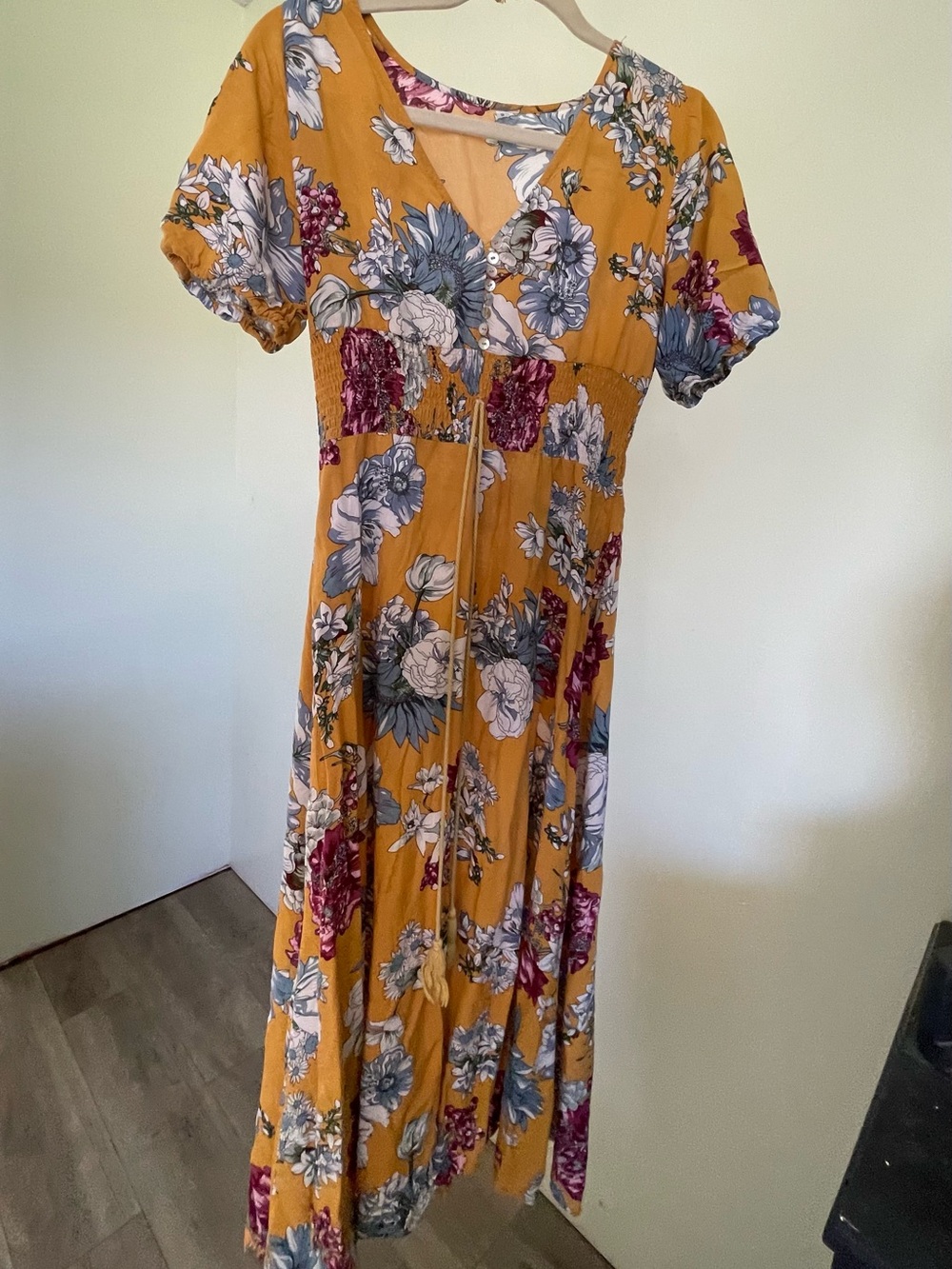 Mustard Floral V-Neck Maxi Dress